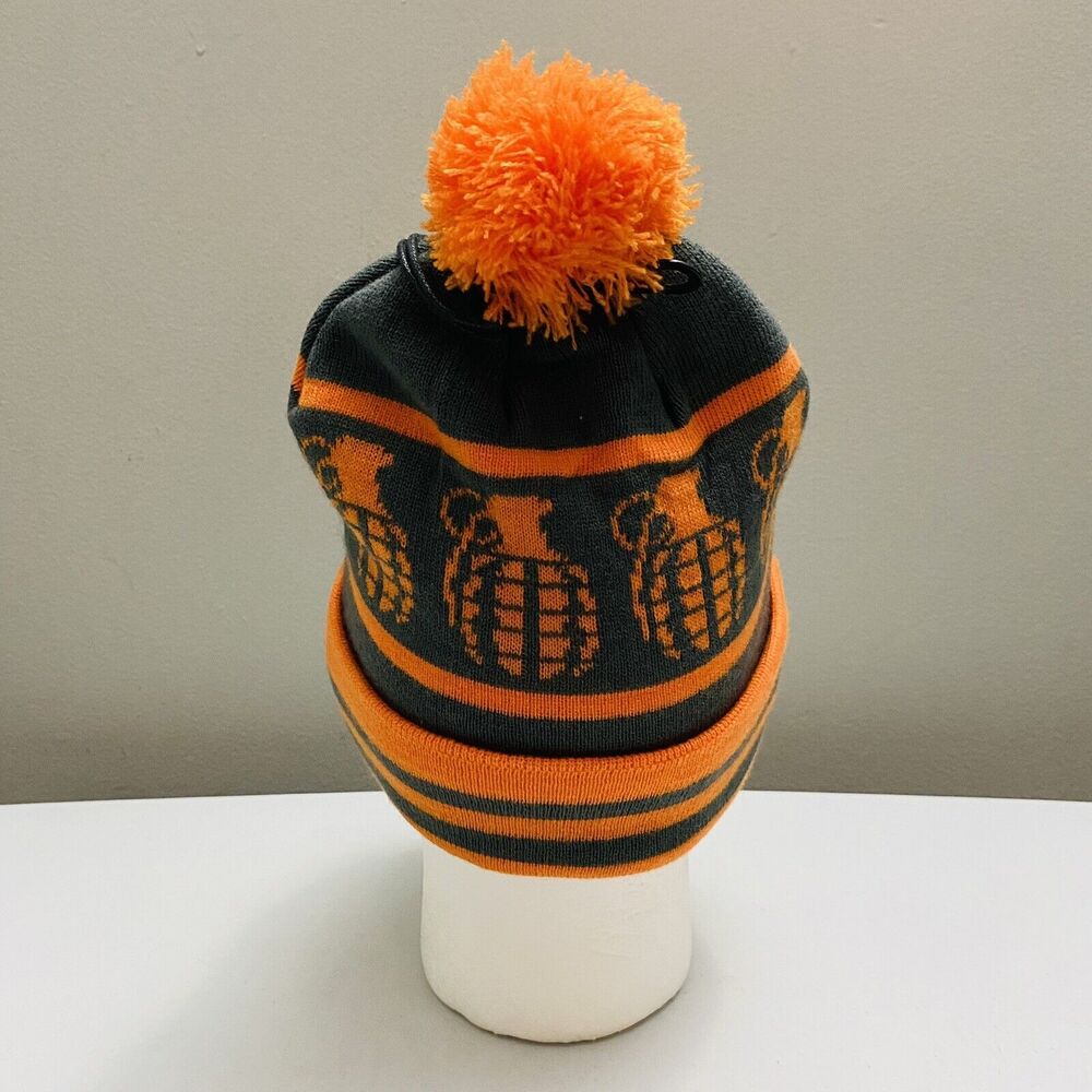 Grenade Letterhead Striped Winter Pom Knit Beanie Cap Hat Orange/Gray One Size - Picture 6 of 8